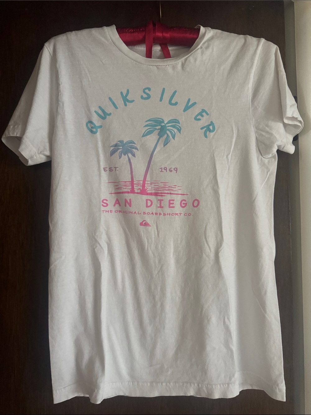 Quiksilver White Tee with Teal and Pink Palm Graphic